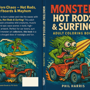 Monsters, hot rods, and surfing adult coloring book by Shark Book Brands — comic-style artwork with waves, cars, and wild creatures.”